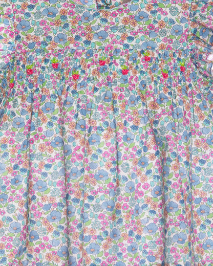 Floral patterned fabric with blue, pink, and green colors.