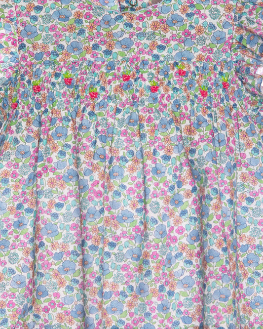 Floral patterned fabric with blue, pink, and green colors.