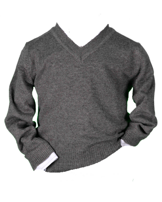 charcoal grey colored v neck boy's sweater against white background