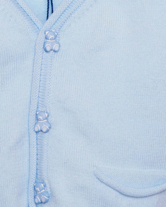 Close up of light
 blue cardigan sweater with bear buttons on a light grey background