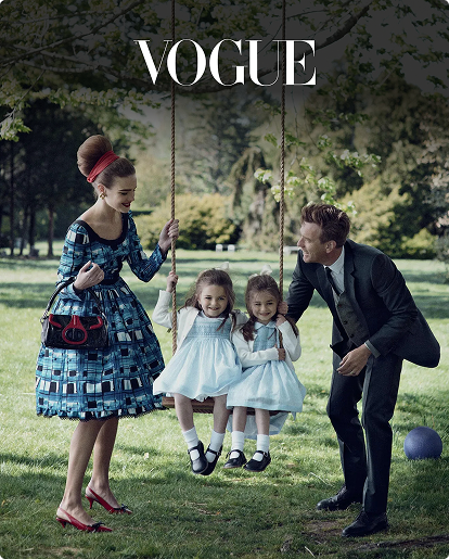 Family on a swing with 'Vogue' magazine cover
