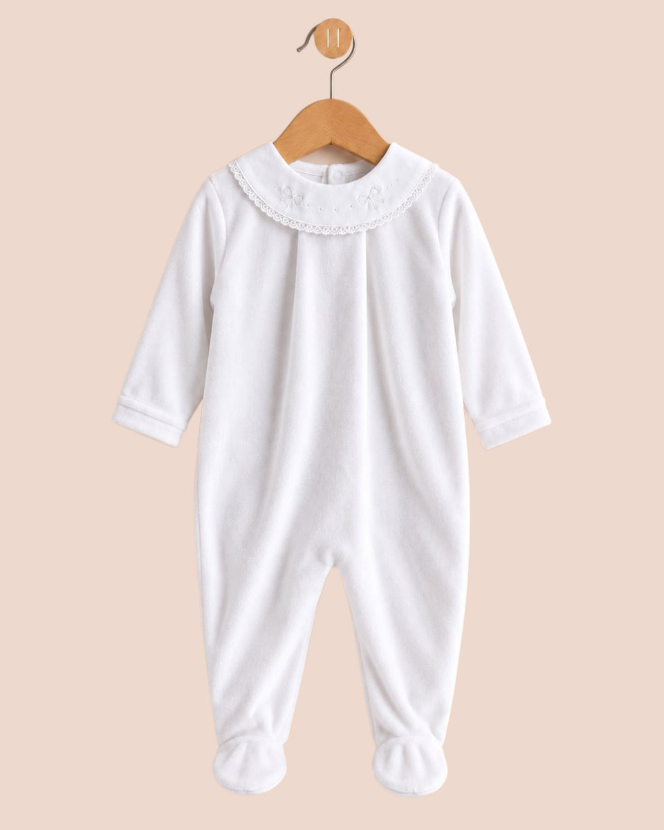 Velour Bows Embroidered White Footie