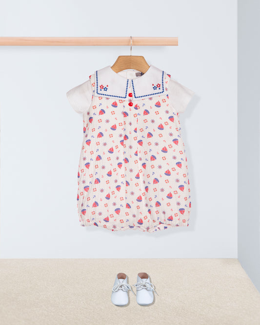 romper with boats print on hanger with shirt and shoes