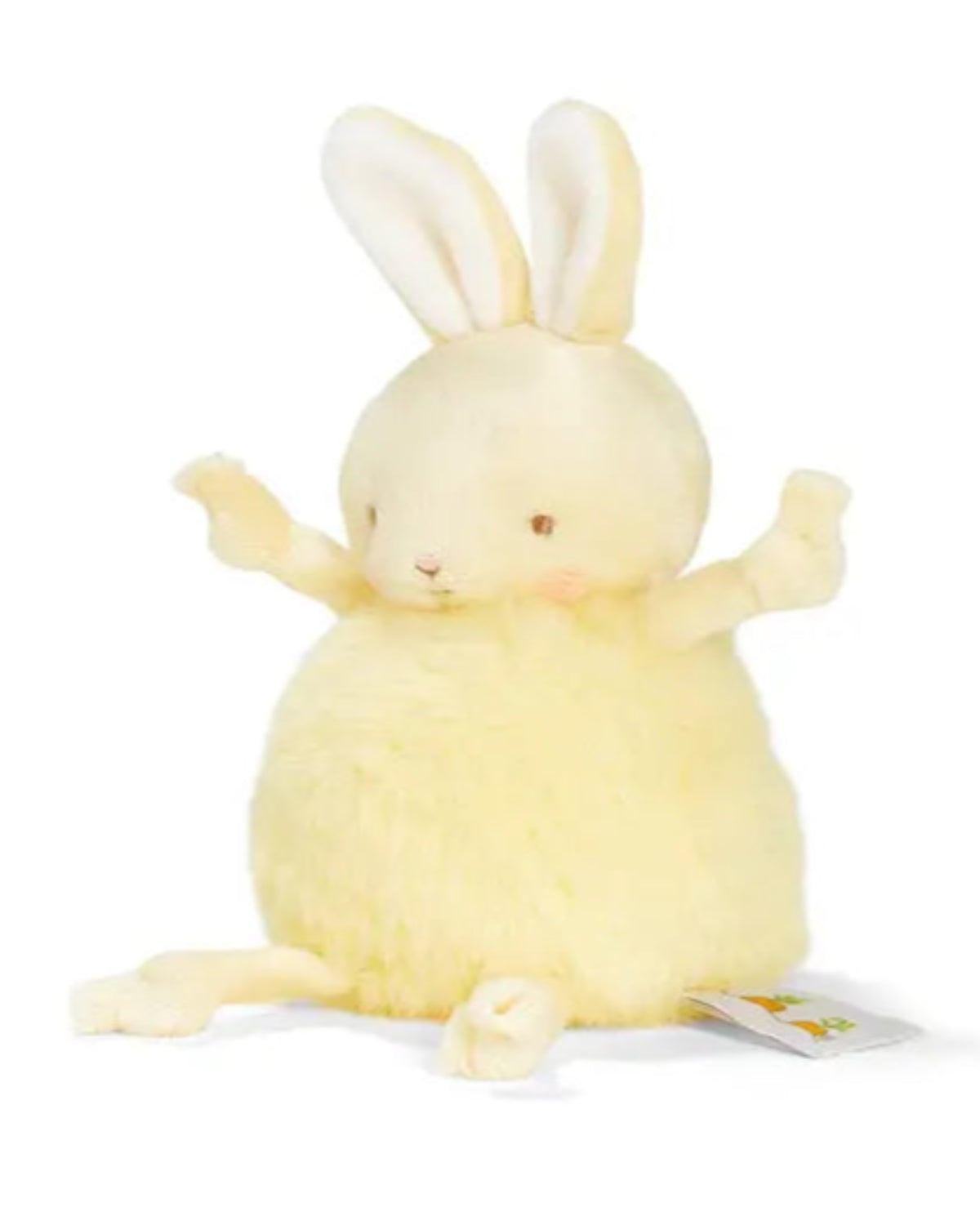 Yellow plush toy with bunny ears on a white background