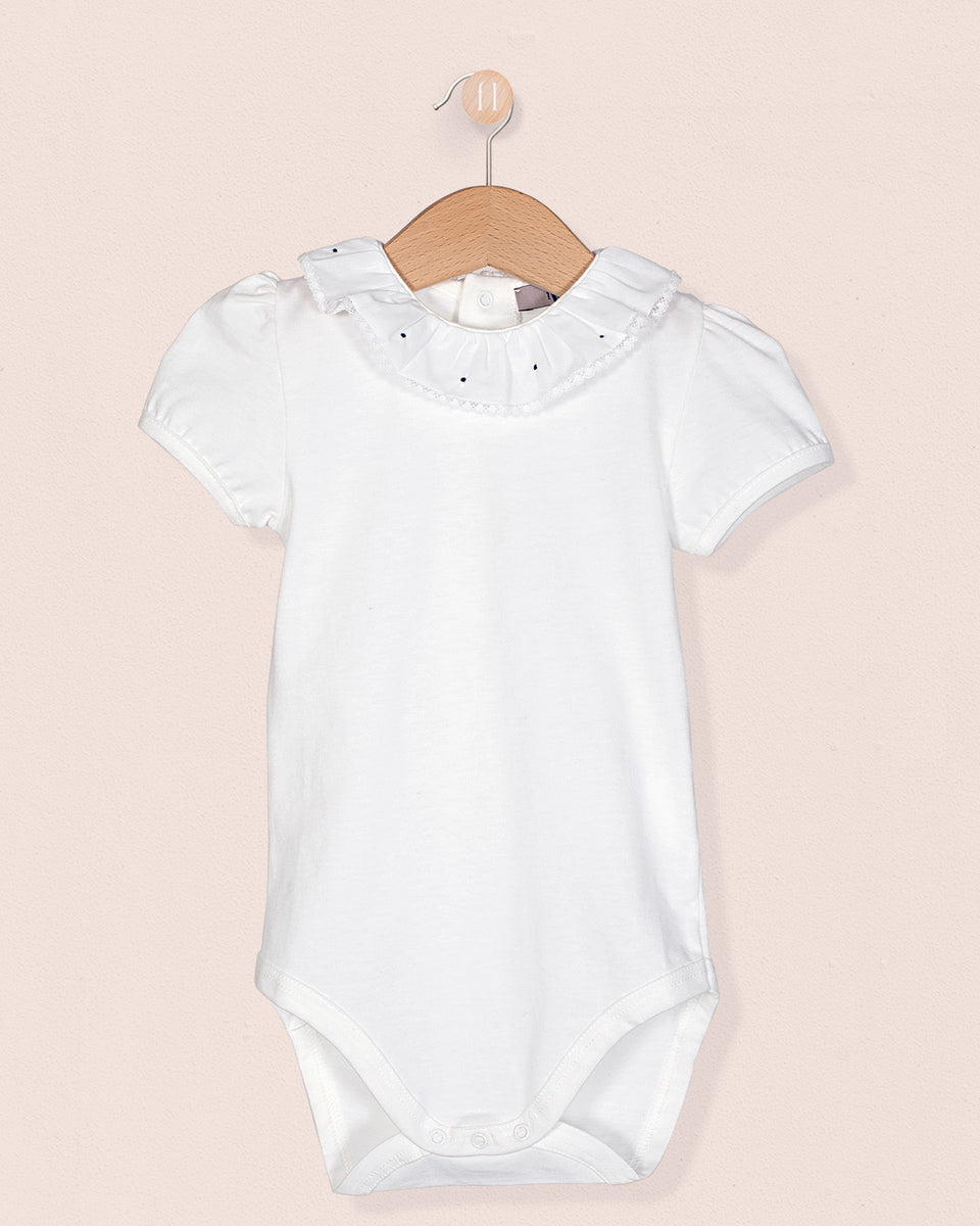 Ines ruffle Onesie with Embroidered Navy Dots