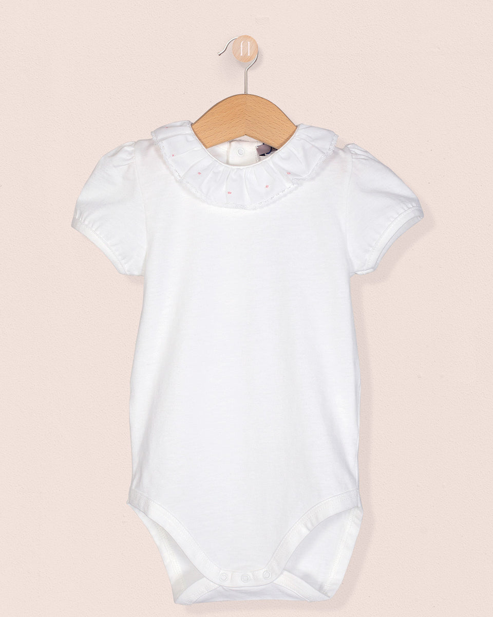 Ines ruffle Onesie with Embroidered Pink Dots