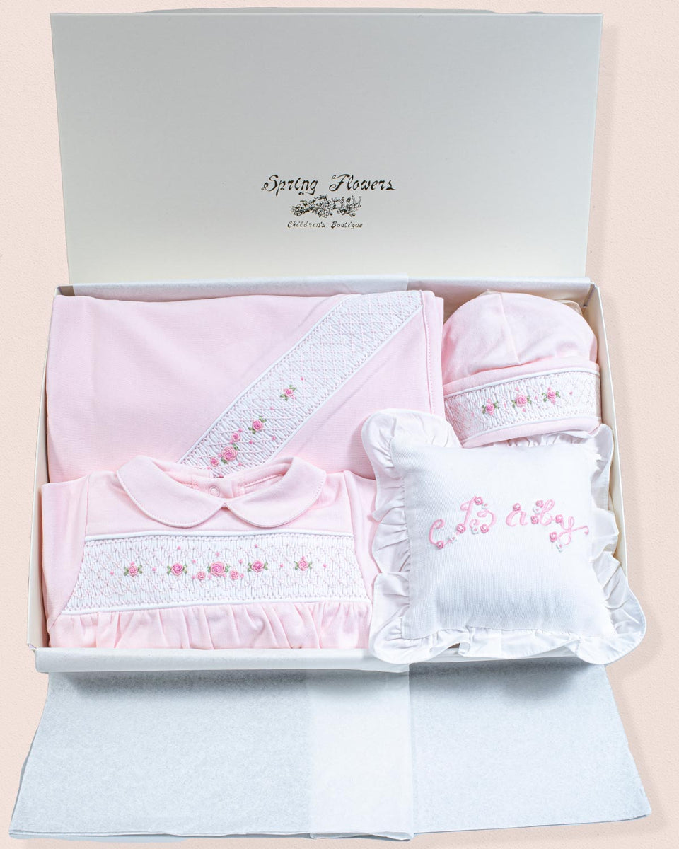 Pima Hand Smocked Pink Stretchie Set