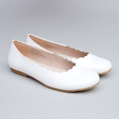 Scarlette White Leather Scalloped Ballerina - Shoe