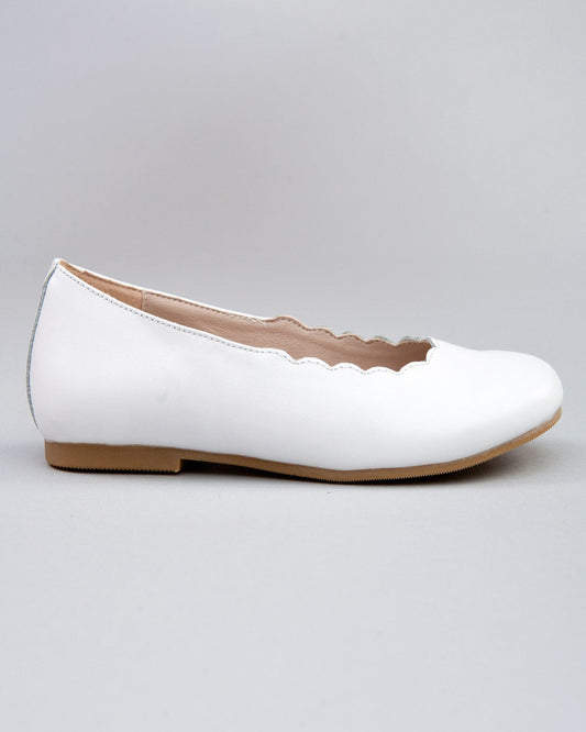 Scarlette White Leather Scalloped Ballerina - Shoe