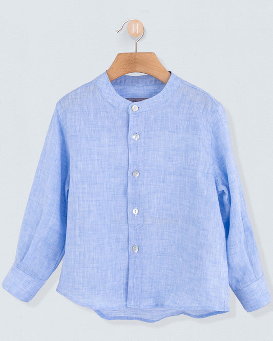 Mandarin Light Blue Melange Linen Shirt - Shirt