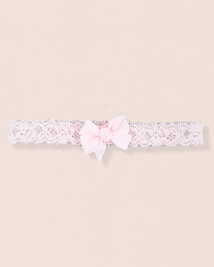 Pink lace baby headband with matching grosgrain bow