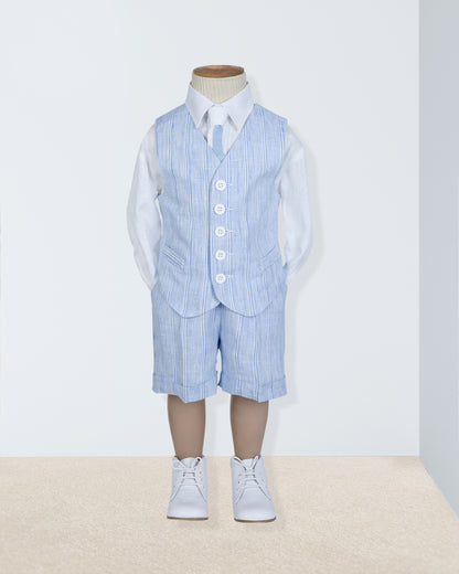 Front view of blue striped linen vest and suspender shorts set styled over a white button-down shirt on a child-sized mannequin