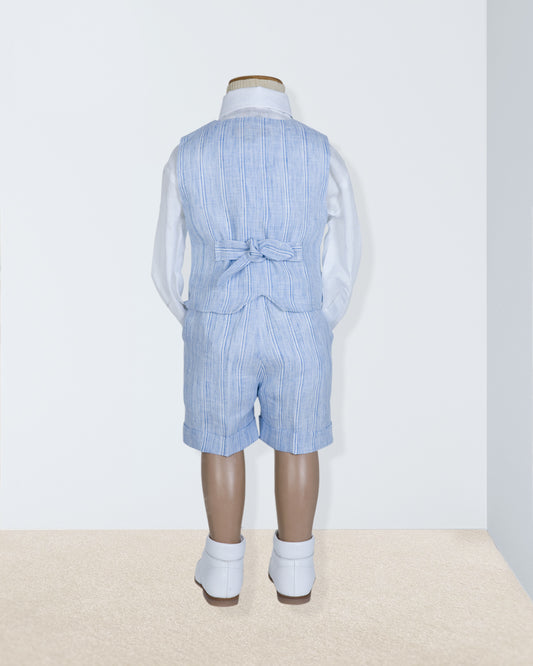 Back view of blue striped linen vest and suspender shorts with bow detail at the waist, shown on a child-sized mannequin