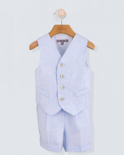 Front view of light blue linen vest and matching suspender shorts set, displayed on a wooden hanger.