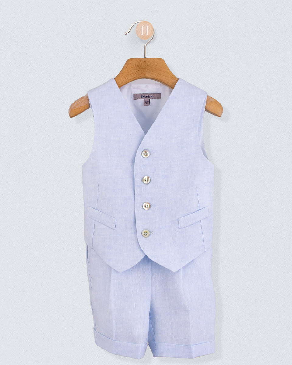 Adam Light Blue Linen Vest and Suspender Shorts Set
