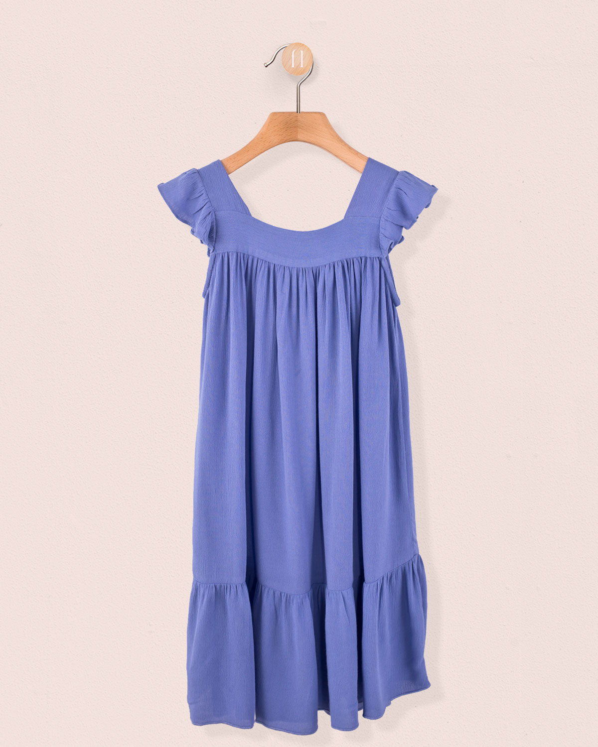 Slate flutter-sleeve viscose dress with ruffled hem, displayed on hanger against light pink background