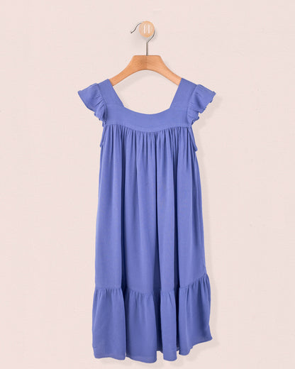 Slate flutter-sleeve viscose dress with ruffled hem, displayed on hanger against light pink background