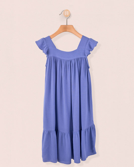 Slate flutter-sleeve viscose dress with ruffled hem, displayed on hanger against light pink background