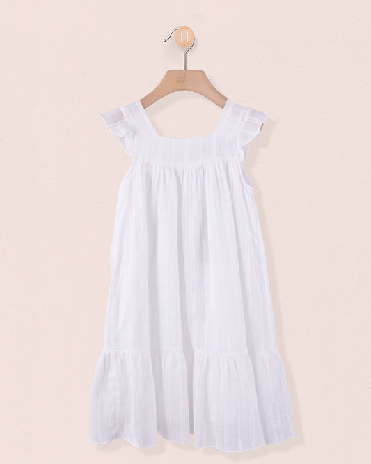 White flutter-sleeve viscose dress with ruffled hem, displayed on hanger against light pink background
