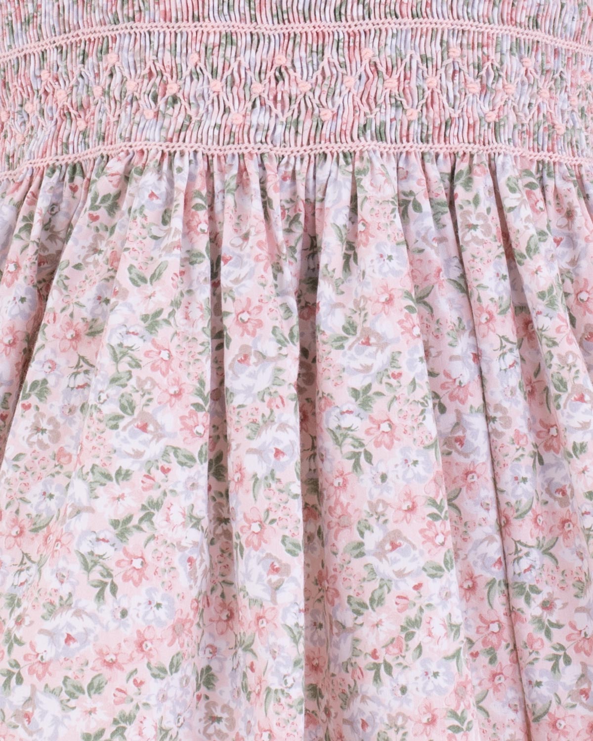 Close-up of pink smocked bodice with floral fabric detail