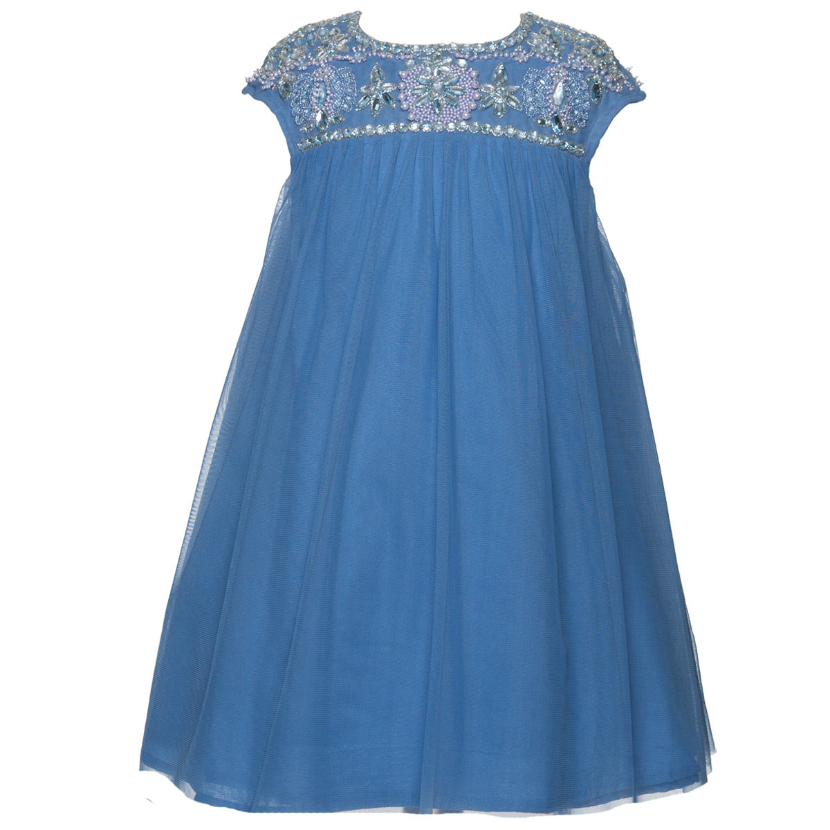 Front view of the Angelina Royal Tulle Dress in royal blue with cap sleeves and floral beadwork across the neckline and shoulders
