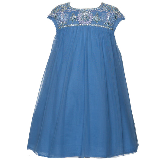 Front view of the Angelina Royal Tulle Dress in royal blue with cap sleeves and floral beadwork across the neckline and shoulders