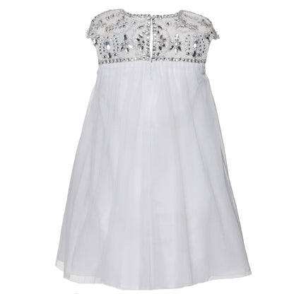 Back view of the Angelina white Tulle Dress showing a zip closure and intricate hand beading along the neckline and shoulders