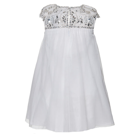 Back view of the Angelina white Tulle Dress showing a zip closure and intricate hand beading along the neckline and shoulders