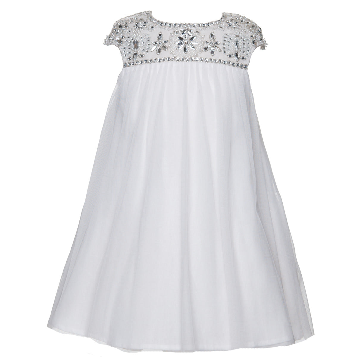 Front view of the Angelina Royal Tulle Dress in rwhite with cap sleeves and floral beadwork across the neckline and shoulders
