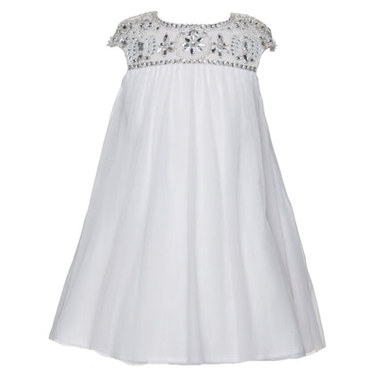 Front view of the Angelina Royal Tulle Dress in rwhite with cap sleeves and floral beadwork across the neckline and shoulders