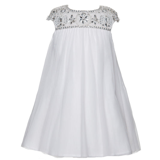 Front view of the Angelina Royal Tulle Dress in rwhite with cap sleeves and floral beadwork across the neckline and shoulders