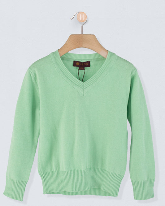Front view of the Arnaud Moss Cotton Sweater in moss green with a V-neckline and ribbed cuffs and hem hanging on a wooden hanger