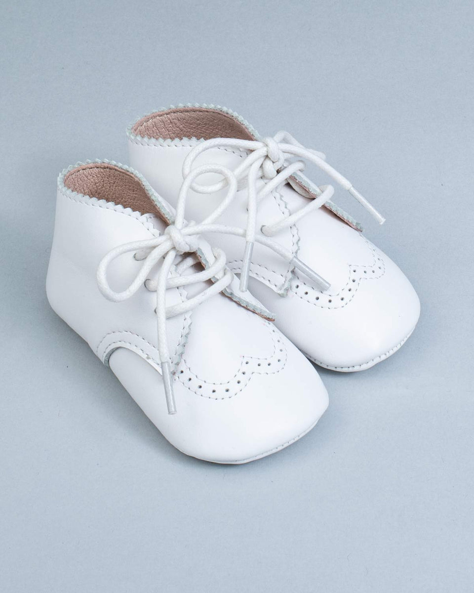 Oliver White Leather Brogue Crib Shoe