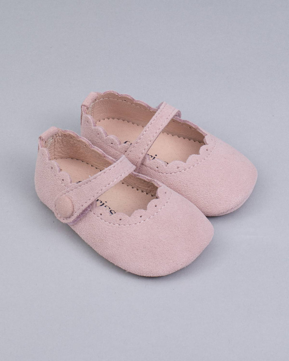 Chloe Scallop Baby Pink Suede Crib Shoe