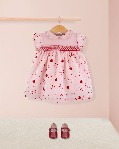 Baby Valentine Taffeta Pink Hearts Smock - Baby Dress
