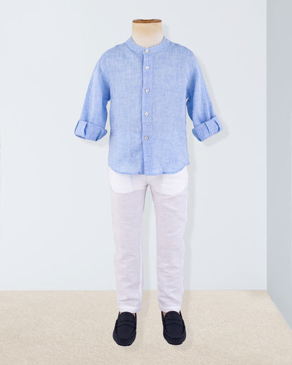 Mandarin Light Blue Melange Linen Shirt - Shirt