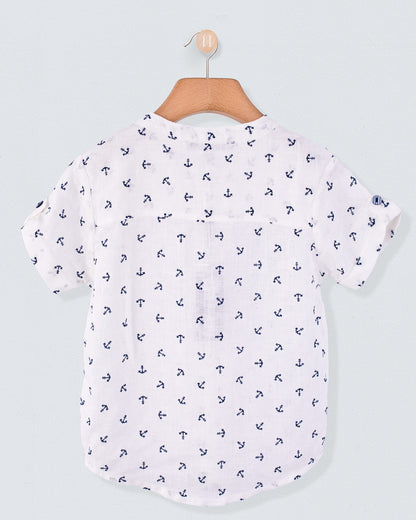 Brando Navy Anchors Linen Tunic - Shirt