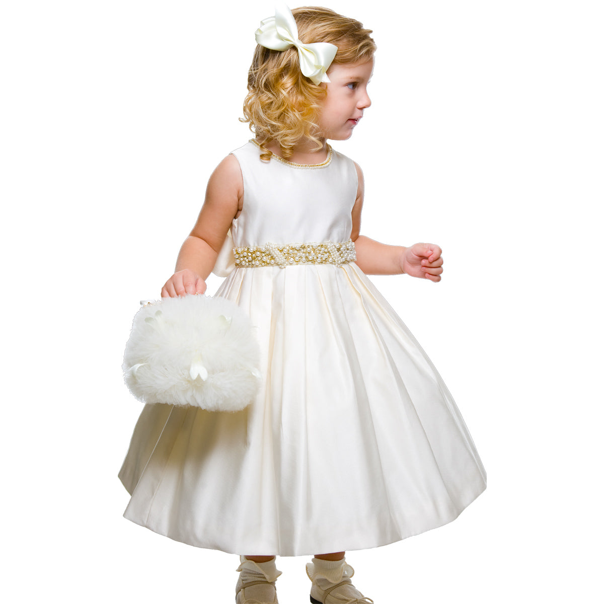 Girl turned to the front, looking to the right, wearing Caroline Cream Faille Gown showing the front of the dress