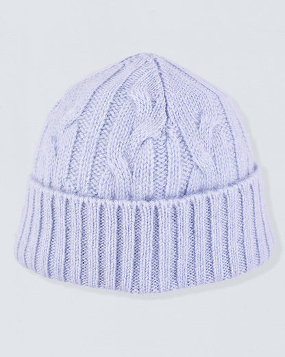 Cashmere Blue Cable Knit Hat, featuring a folded ribbed cuff and classic cable knit pattern, crafted from soft Italian cashmere for cozy winter comfort.