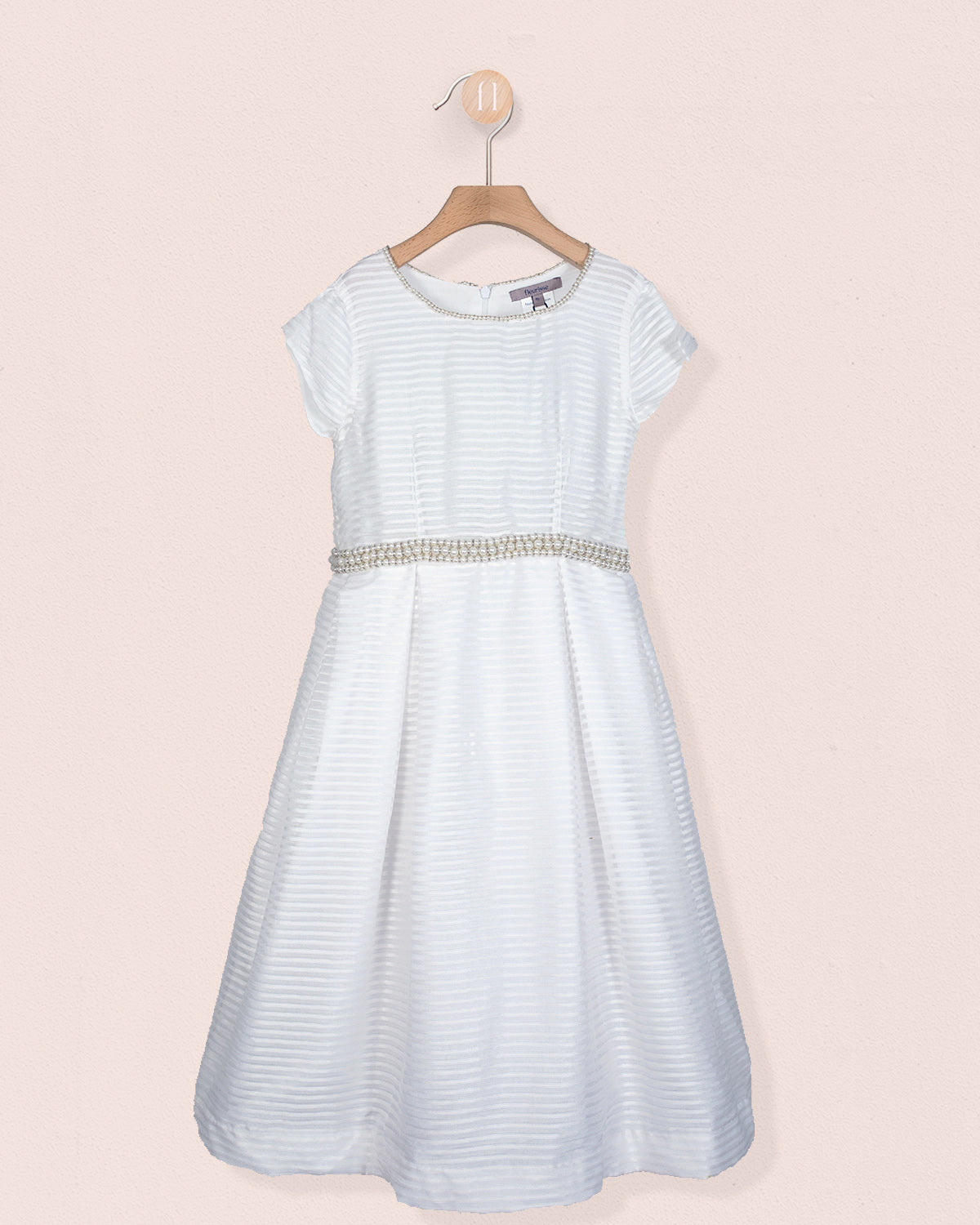 Front view of the Angelica White Organza Gown showing a white ankle length dress with short sleeves and pearl trim at the waist hanging on a wooden hanger
