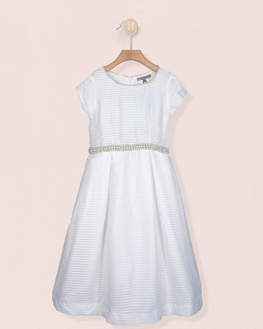 Front view of the Angelica White Organza Gown showing a white ankle length dress with short sleeves and pearl trim at the waist hanging on a wooden hanger
