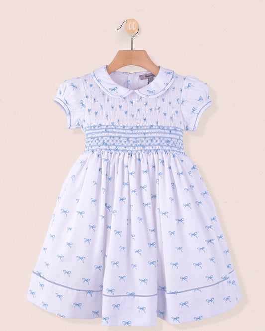 Emma Antique Blue Bows Smock - Smocked Dress
