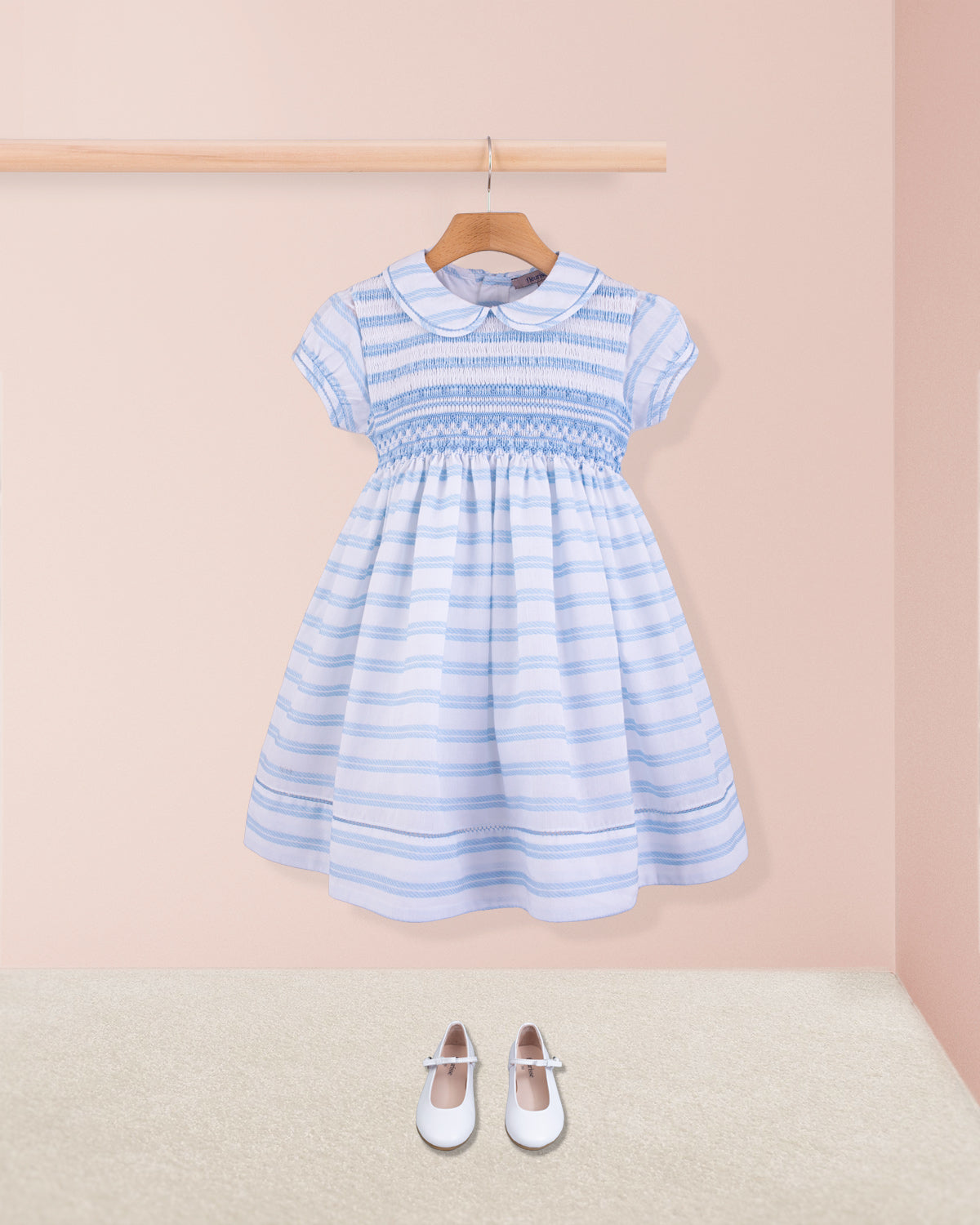 Emma Blue Embroidered Stripe Smock - Smocked Dress