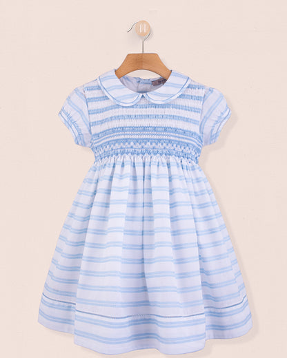 Emma Blue Embroidered Stripe Smock - Smocked Dress