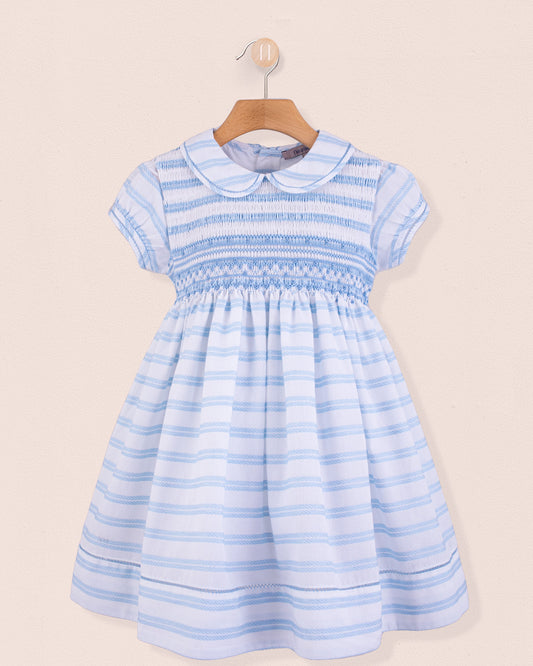 Emma Blue Embroidered Stripe Smock - Smocked Dress