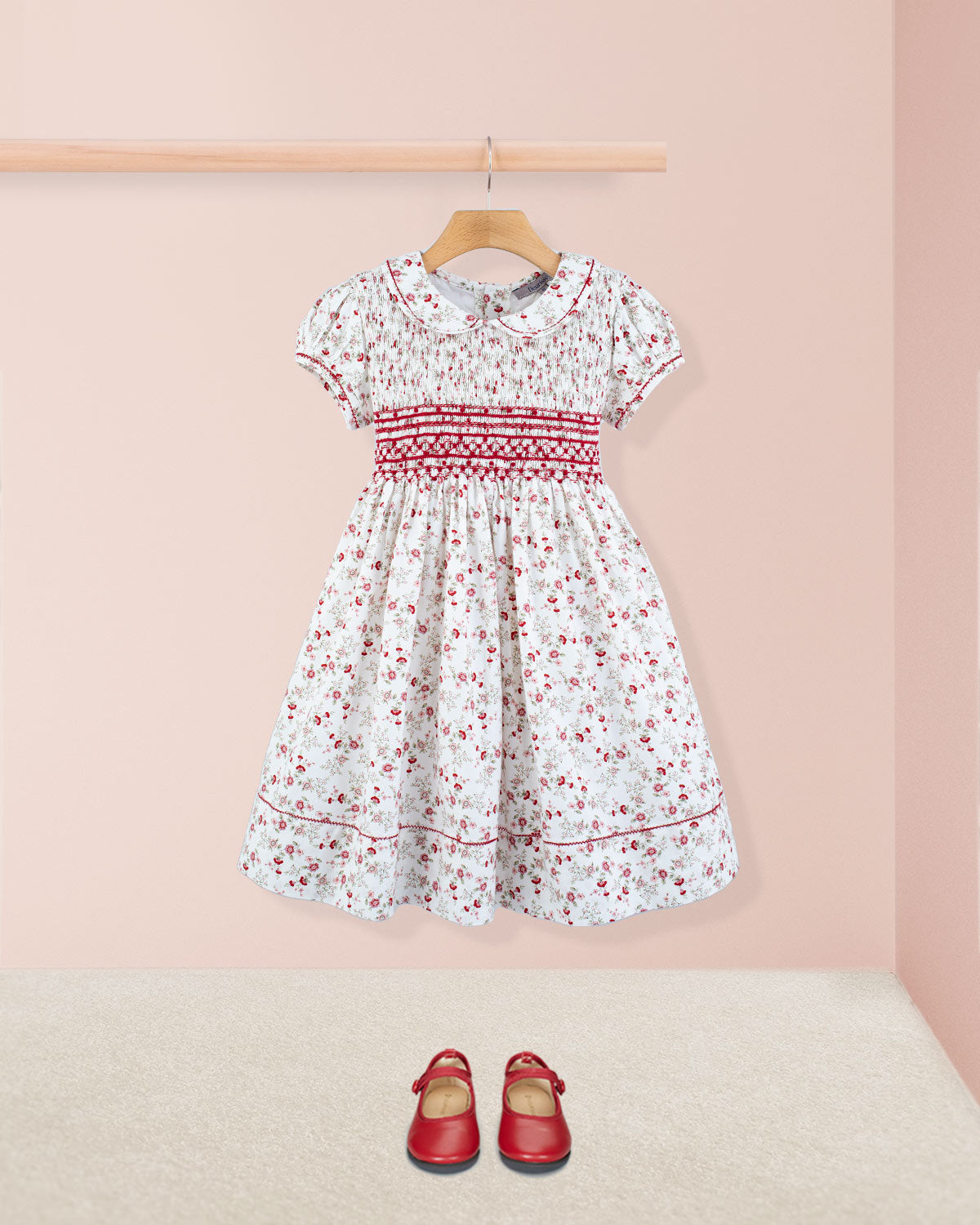 Emma Italian Red Floral Flannel Smock - Smocked Dress