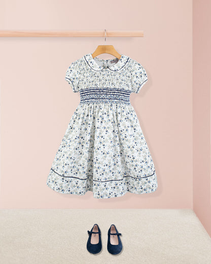 Emma Italian Blue Floral Flannel Smock - Smocked Dress