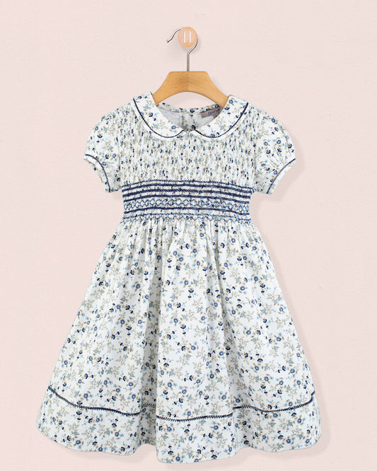 Emma Italian Blue Floral Flannel Smock - Smocked Dress
