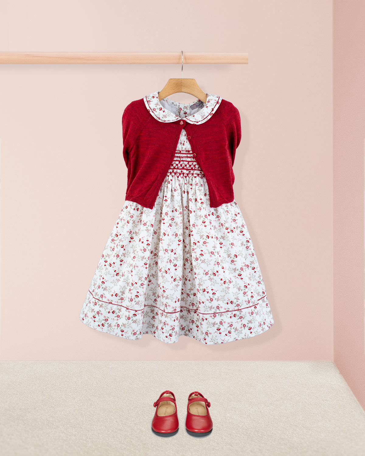 Emma Italian Red Floral Flannel Smock - Smocked Dress