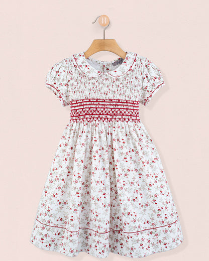 Emma Italian Red Floral Flannel Smock - Smocked Dress